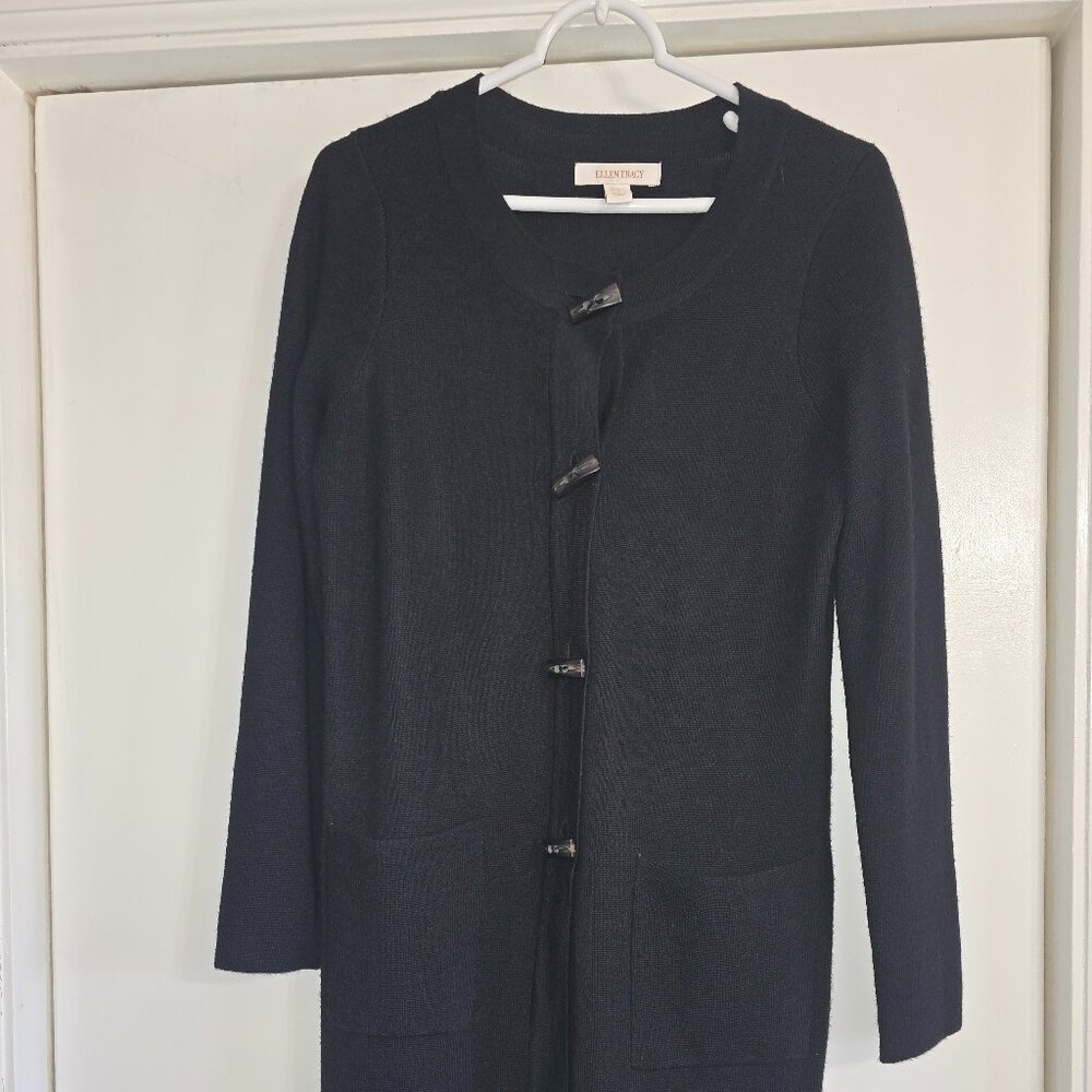 Ellen Tracy Black Merino Wool Blend Long Cardigan Sweater – Size M